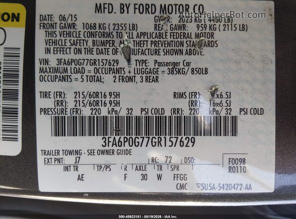 3FA6P0G77GR157629 2016 FORD FUSION Gray Widok komory silnika