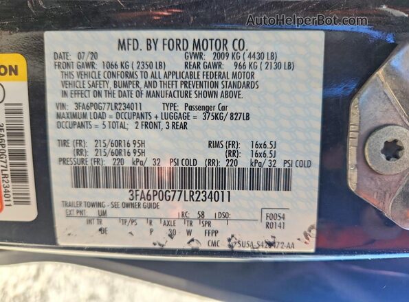 3FA6P0G77LR234011 2020 FORD FUSION Black Widok komory silnika