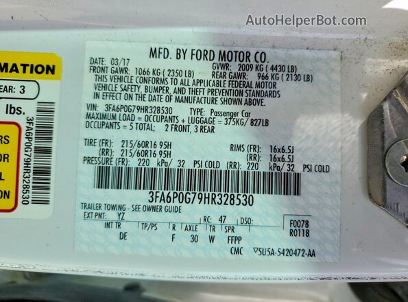 3FA6P0G79HR328530 2017 FORD FUSION White ძრავის განყოფილების ხედი