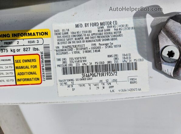 3FA6P0G79JR193572 2018 FORD FUSION White ძრავის განყოფილების ხედი