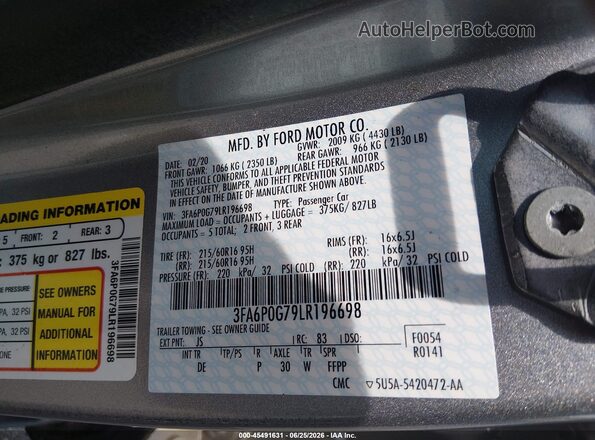 3FA6P0G79LR196698 2020 FORD FUSION Silver Вид підкапотного простору