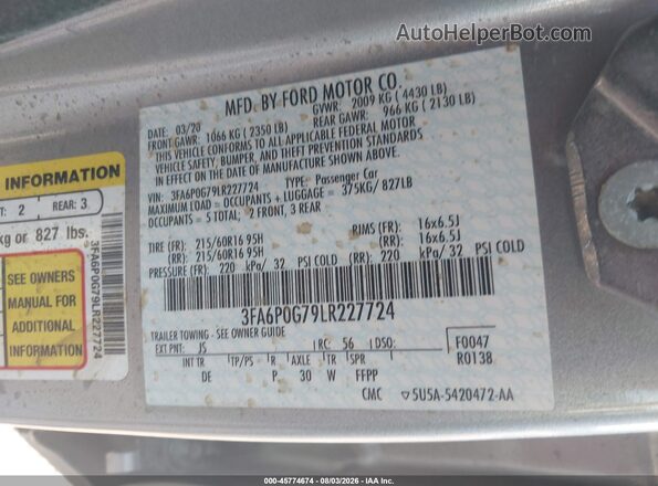 3FA6P0G79LR227724 2020 FORD FUSION Silver Vista del compartimento del motor