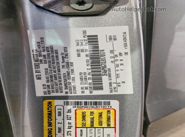 3FA6P0G7XLR170174 2020 FORD FUSION Silver VIN կոդի պիտակի տեսք