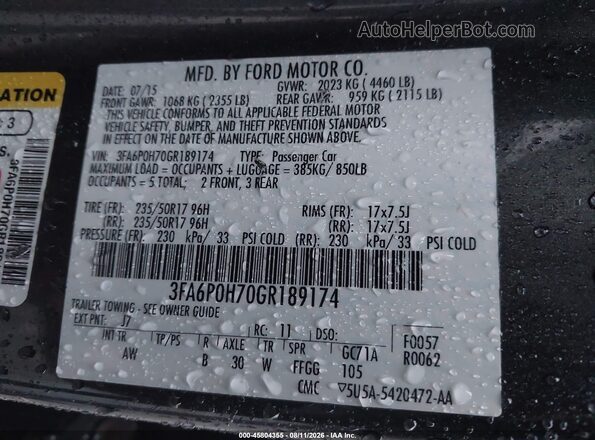 3FA6P0H70GR189174 2016 FORD FUSION Черный Вид подкапотного пространства
