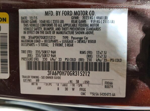 3FA6P0H70GR315212 2016 FORD FUSION Maroon Vista del compartimento del motor