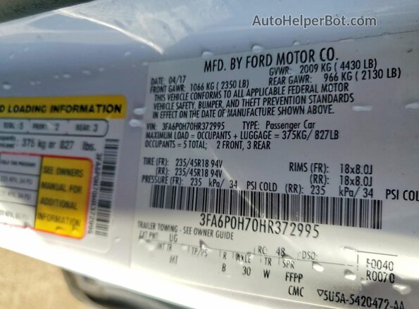 3FA6P0H70HR372995 2017 FORD FUSION White Вид підкапотного простору
