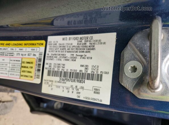 3FA6P0H70JR190834 2018 FORD FUSION Синий Вид подкапотного пространства