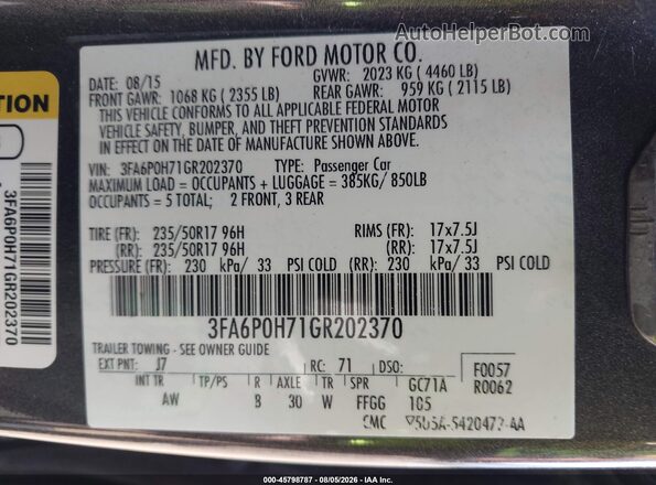 3FA6P0H71GR202370 2016 FORD FUSION Серый Вид подкапотного пространства