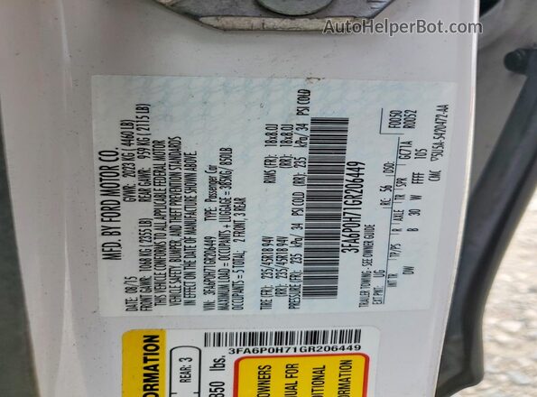 3FA6P0H71GR206449 2016 FORD FUSION White Widok komory silnika