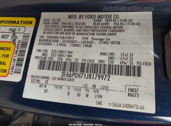 3FA6P0H71JR179972 2018 FORD FUSION Blue Շարժիչի բաժամունքի տեսք