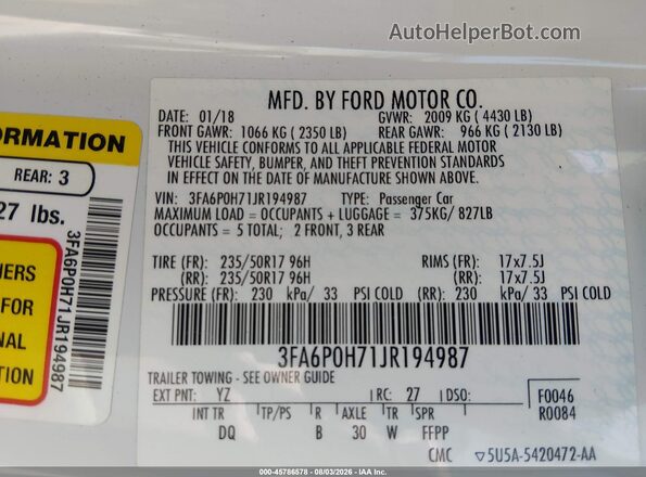 3FA6P0H71JR194987 2018 FORD FUSION Белый Вид подкапотного пространства