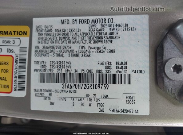 3FA6P0H72GR109759 2016 FORD FUSION Gold Շարժիչի բաժամունքի տեսք