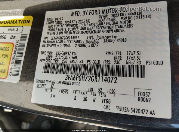 3FA6P0H72GR114072 2016 FORD FUSION Серый Вид подкапотного пространства