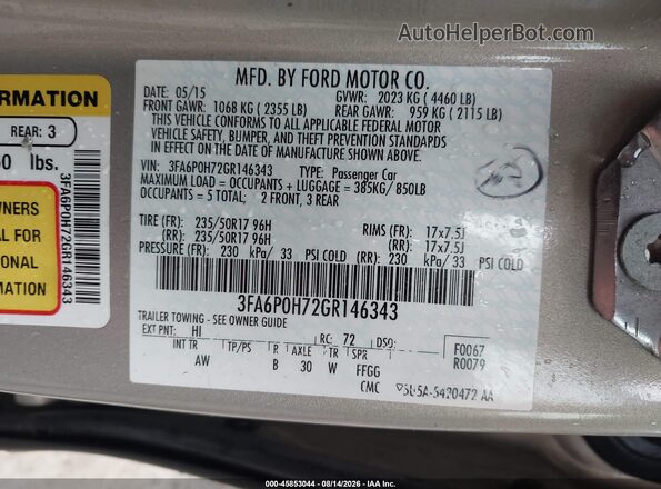 3FA6P0H72GR146343 2016 FORD FUSION Beige ძრავის განყოფილების ხედი