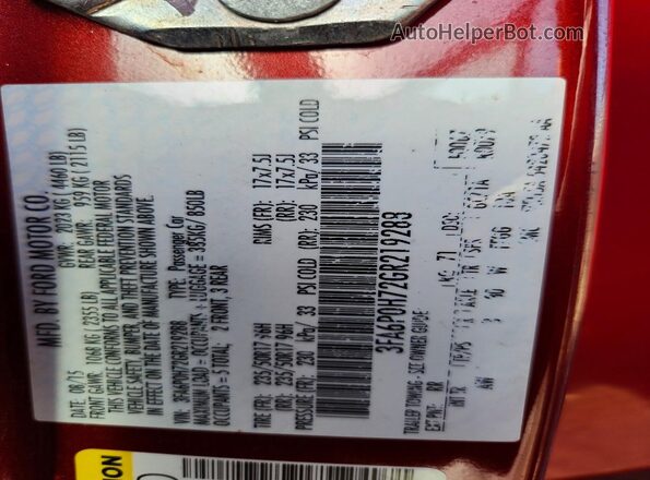 3FA6P0H72GR219288 2016 FORD FUSION Red ძრავის განყოფილების ხედი
