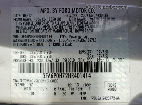 3FA6P0H72HR401414 2017 FORD FUSION White Widok komory silnika