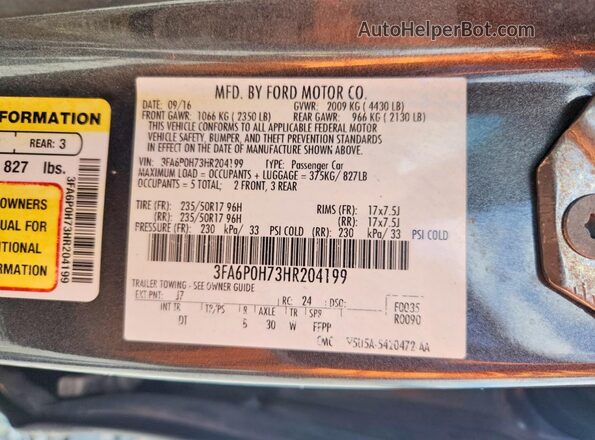 3FA6P0H73HR204199 2017 FORD FUSION Gray VIN sticker view