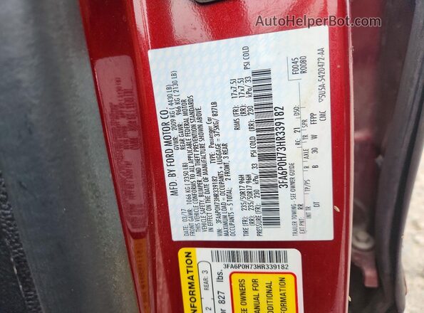3FA6P0H73HR339182 2017 FORD FUSION Red Widok komory silnika