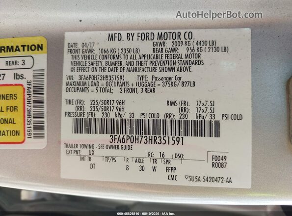 3FA6P0H73HR351591 2017 FORD FUSION Silver Widok komory silnika