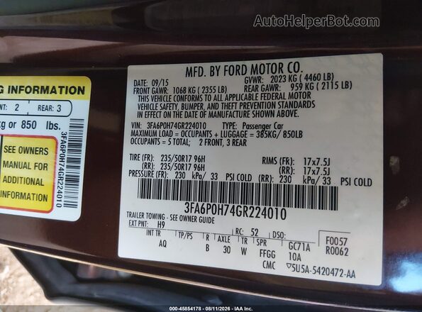 3FA6P0H74GR224010 2016 FORD FUSION Maroon Vista del compartimento del motor