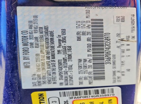 3FA6P0H74GR358970 2016 FORD FUSION Blue Engine compartment view