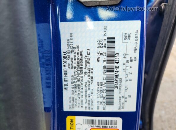 3FA6P0H74HR143560 2017 FORD FUSION Blue Vista del compartimento del motor