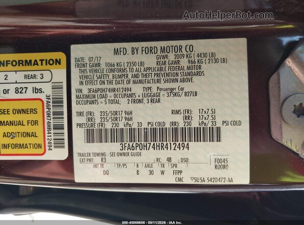 3FA6P0H74HR412494 2017 FORD FUSION Maroon ძრავის განყოფილების ხედი
