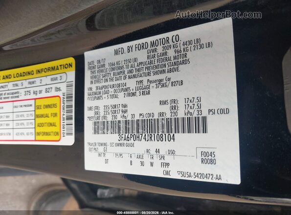 3FA6P0H74JR108104 2018 FORD FUSION Black Widok komory silnika