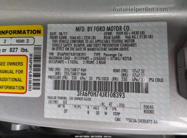 3FA6P0H74JR108393 2018 FORD FUSION Silver Widok komory silnika