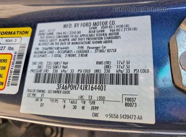 3FA6P0H74JR164401 2018 FORD FUSION Blue Вид підкапотного простору