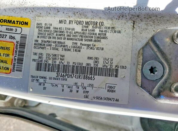 3FA6P0H74JR188665 2018 FORD FUSION White Вид підкапотного простору