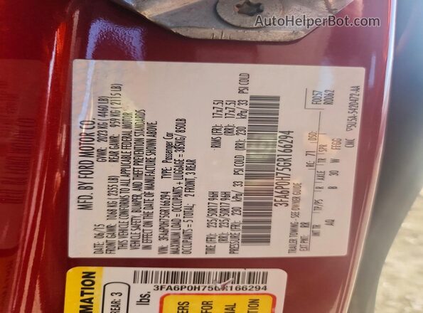 3FA6P0H75GR166294 2016 FORD FUSION Red Вид наклейки з VIN-кодом