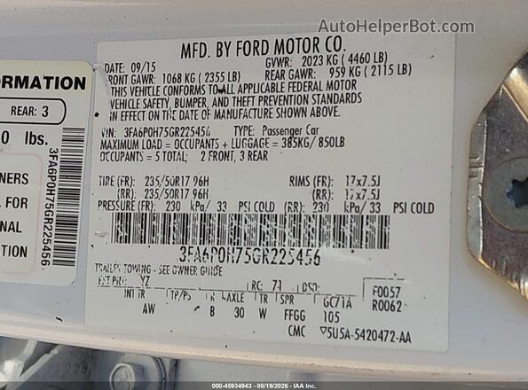 3FA6P0H75GR225456 2016 FORD FUSION Белый Вид подкапотного пространства