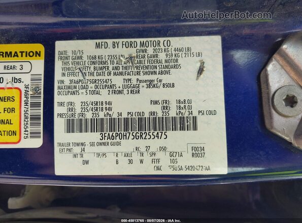 3FA6P0H75GR255475 2016 FORD FUSION Blue Vista del compartimento del motor