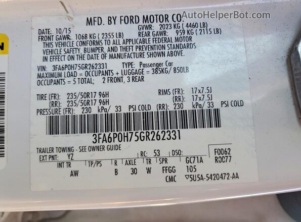 3FA6P0H75GR262331 2016 FORD FUSION White Engine compartment view
