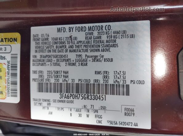 3FA6P0H75GR330451 2016 FORD FUSION Red Widok komory silnika