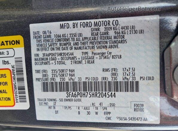3FA6P0H75HR204544 2017 FORD FUSION Gray Вид підкапотного простору
