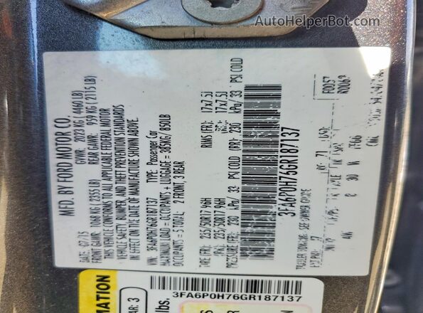 3FA6P0H76GR187137 2016 FORD FUSION Gray Շարժիչի բաժամունքի տեսք