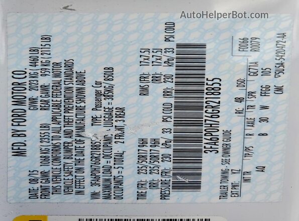 3FA6P0H76GR218855 2016 FORD FUSION White Widok komory silnika