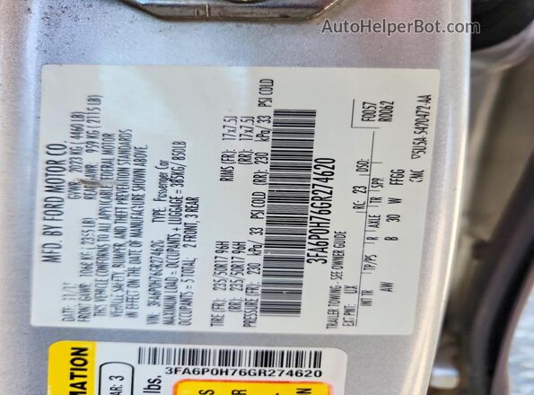 3FA6P0H76GR274620 2016 FORD FUSION Silver Vista del compartimento del motor