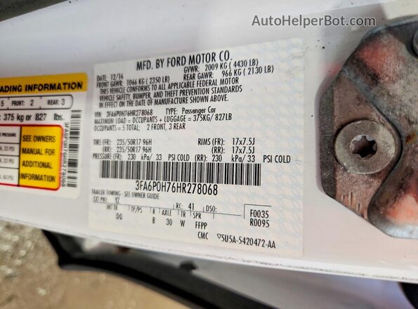 3FA6P0H76HR278068 2017 FORD FUSION White Widok komory silnika