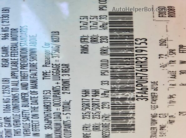 3FA6P0H76HR319153 2017 FORD FUSION Black VIN sticker view