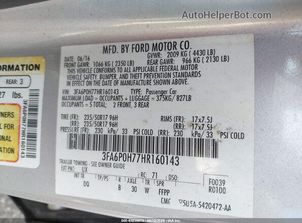 3FA6P0H77HR160143 2017 FORD FUSION Silver Vista del compartimento del motor
