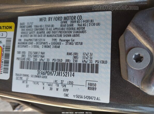 3FA6P0H77JR152114 2018 FORD FUSION Gray ძრავის განყოფილების ხედი