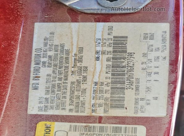3FA6P0H78GR237598 2016 FORD FUSION Red Vista del compartimento del motor