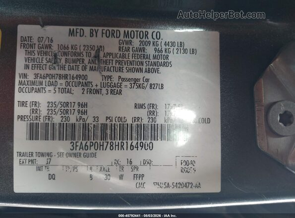 3FA6P0H78HR164900 2017 FORD FUSION Gray Widok komory silnika