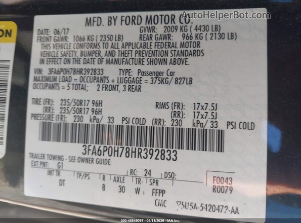 3FA6P0H78HR392833 2017 FORD FUSION Black Vista del compartimento del motor