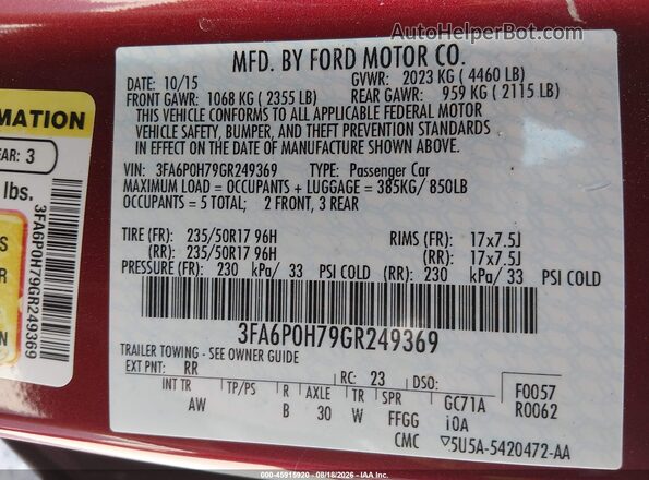 3FA6P0H79GR249369 2016 FORD FUSION Красный Вид подкапотного пространства