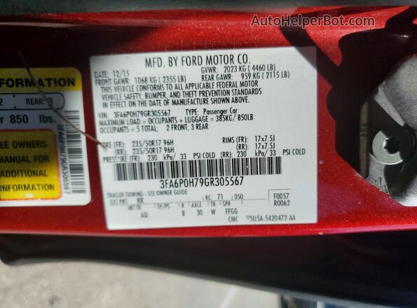 3FA6P0H79GR305567 2016 FORD FUSION Red Вид підкапотного простору