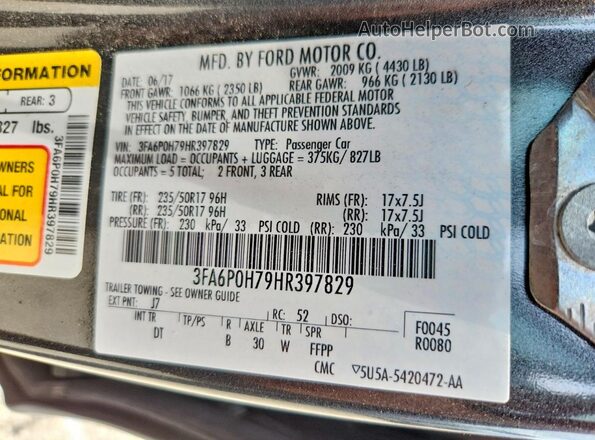 3FA6P0H79HR397829 2017 FORD FUSION Gray Շարժիչի բաժամունքի տեսք